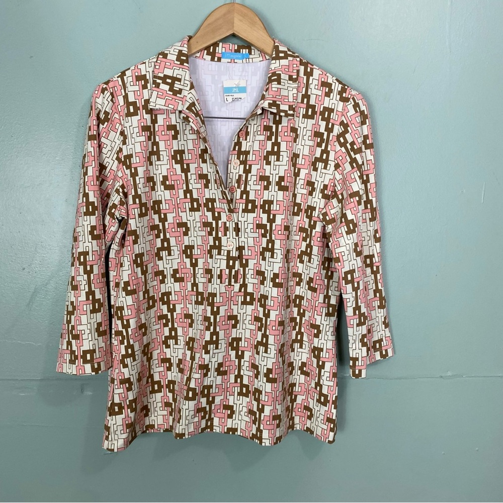 J McLaughlin Court Polo Beige Brown Pink Geometric Pattern Large‎ Catalina Cloth